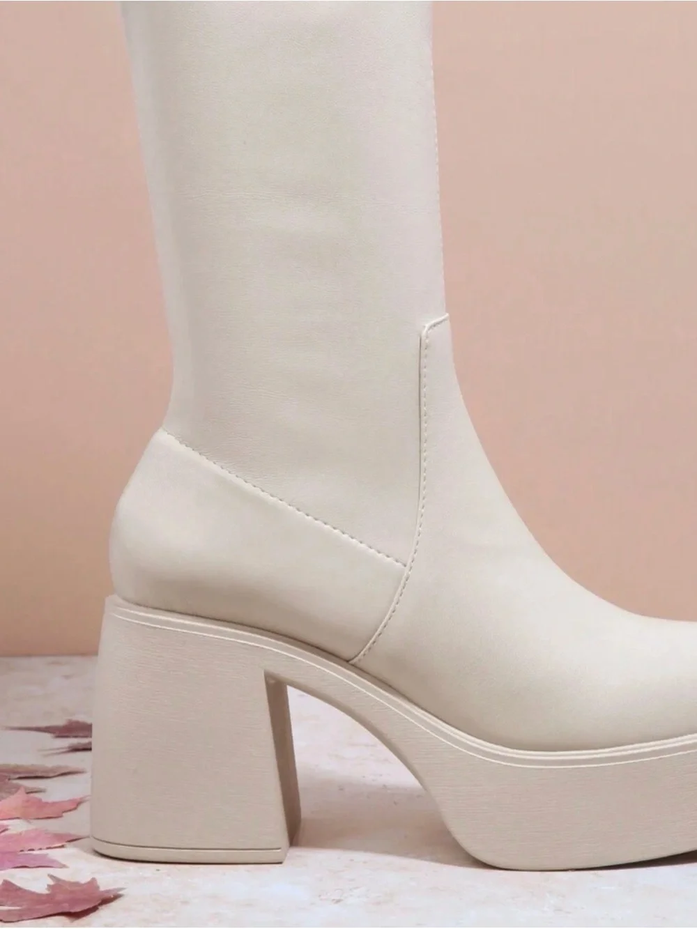 SHEIN Cream Platform Over-the-Knee Block Heel Boots with Side Zip